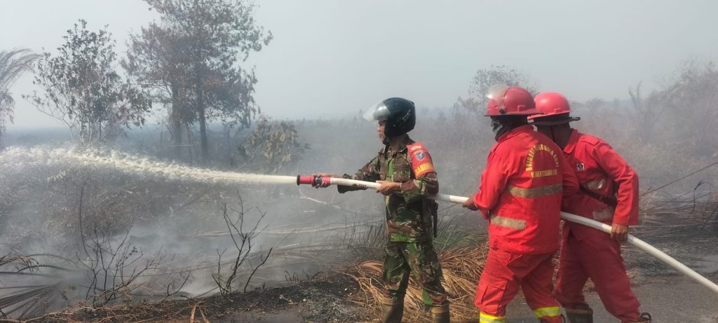 Babinsa Koramil 1201-02/Sungai Pinyuh Berjibaku Memadamkan Api Karhutla